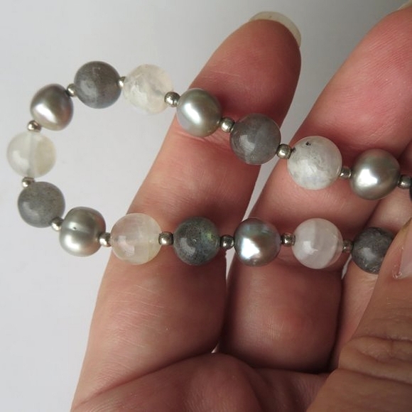 Stunning Extra LONG Moonstone Labradorite Pearl Sterling Silver Necklace - Picture 16 of 16